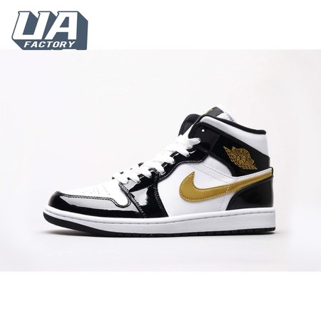 Air Jordan 1 Mid Patent Black White Gold Unisex